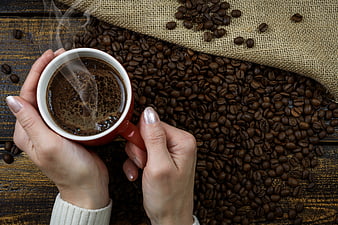 Hands holding steaming coffee cup over roasted beans