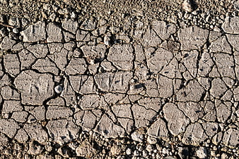 Close-up texture of cracked dry earth and gravel road surface