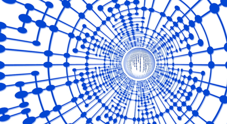 Abstract Blue Digital Network Tunnel with Binary Code Sphere