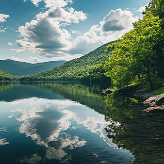 Serene Lake with Mountain Reflection and Clouds