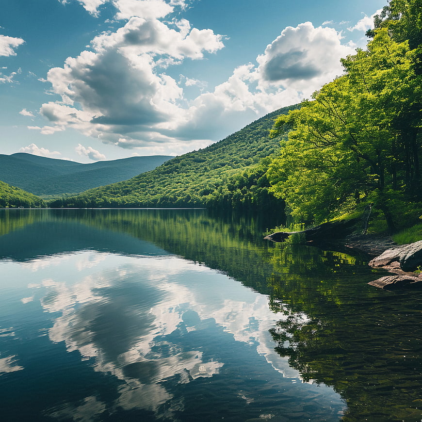 Serene Lake with Mountain Reflection and Clouds