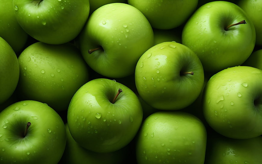 Fresh Green Apples with Water Droplets Background