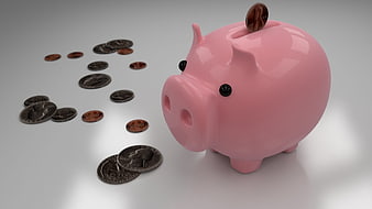 Pink Piggy Bank with Scattered Coins on Gray Background