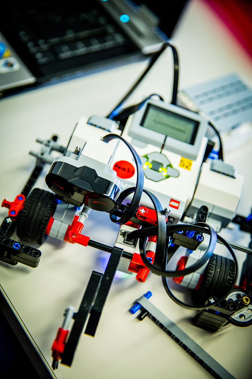 Close-up of a LEGO Mindstorms robotics project on a desk