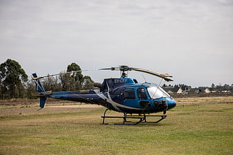Blue Helicopter Parked on Grassy Field