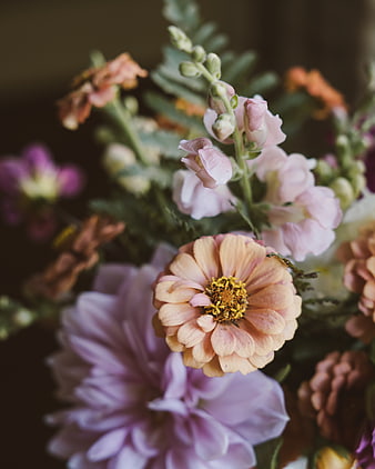 Close-up of pastel pink and peach flower bouquet