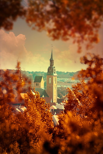 Petrikirche Freiberg Church Tower Framed By Autumn Foliage