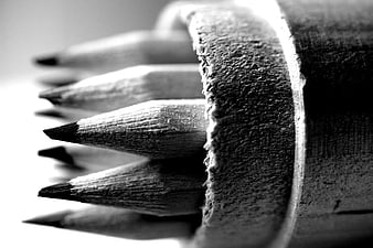 Close-up of sharpened pencils in black and white