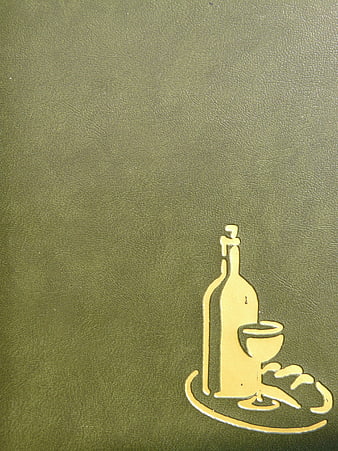 Gold Wine Bottle and Glass Logo on Green Leather Menu Cover