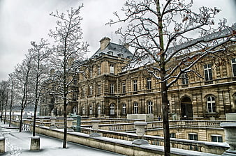 Snow-covered historic palace architecture in winter