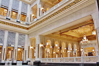 Grand Mosque Interior with Marble Columns and Gold Details