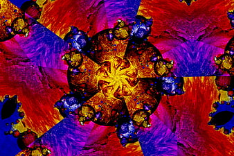 Vibrant kaleidoscope pattern with red, blue, and yellow fractal symmetry