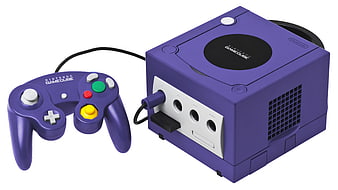Purple Nintendo GameCube Console And Controller On White Background