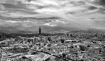 Black and White Aerial View of Taipei Cityscape