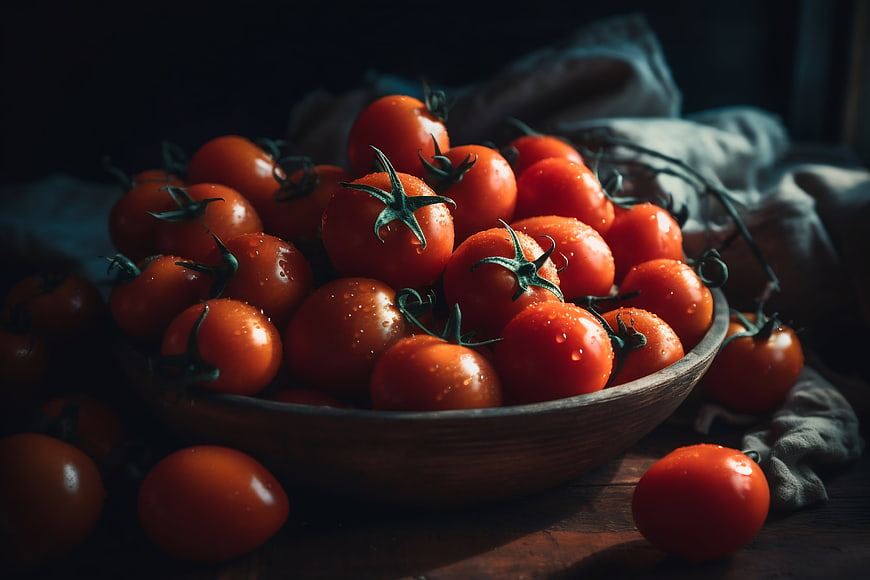 Fresh Red Tomatoes in Wooden Bowl with Water Droplets