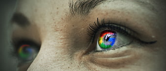 Close-up of human eye with Google logo reflected in the iris