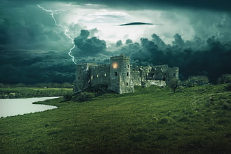 Dramatic Medieval Castle Ruins Under Stormy Sky With Lightning