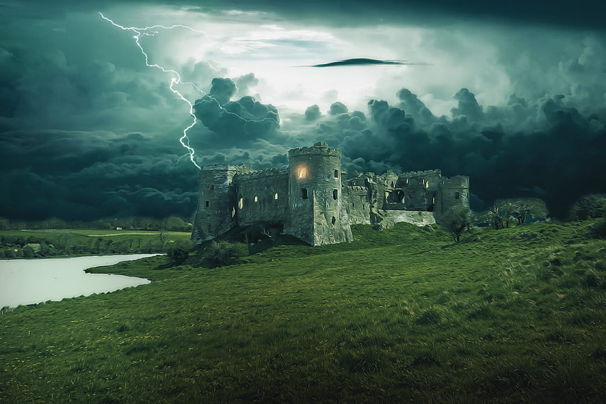 Dramatic Medieval Castle Ruins Under Stormy Sky With Lightning
