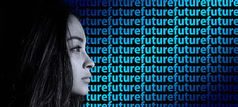 Woman Profile Against Blue Future Text Background