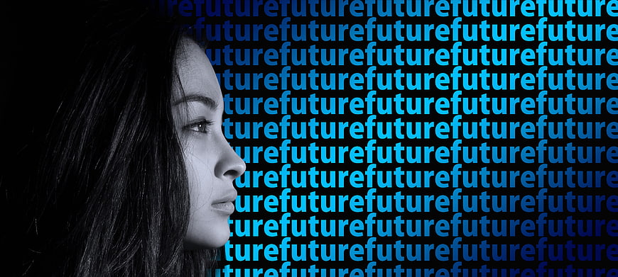 Woman Profile Against Blue Future Text Background