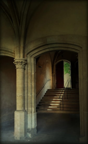 Gothic Stone Archway and Staircase Interior