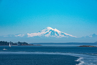 Snow-Capped Mountain View Over Blue Ocean with Sailboats