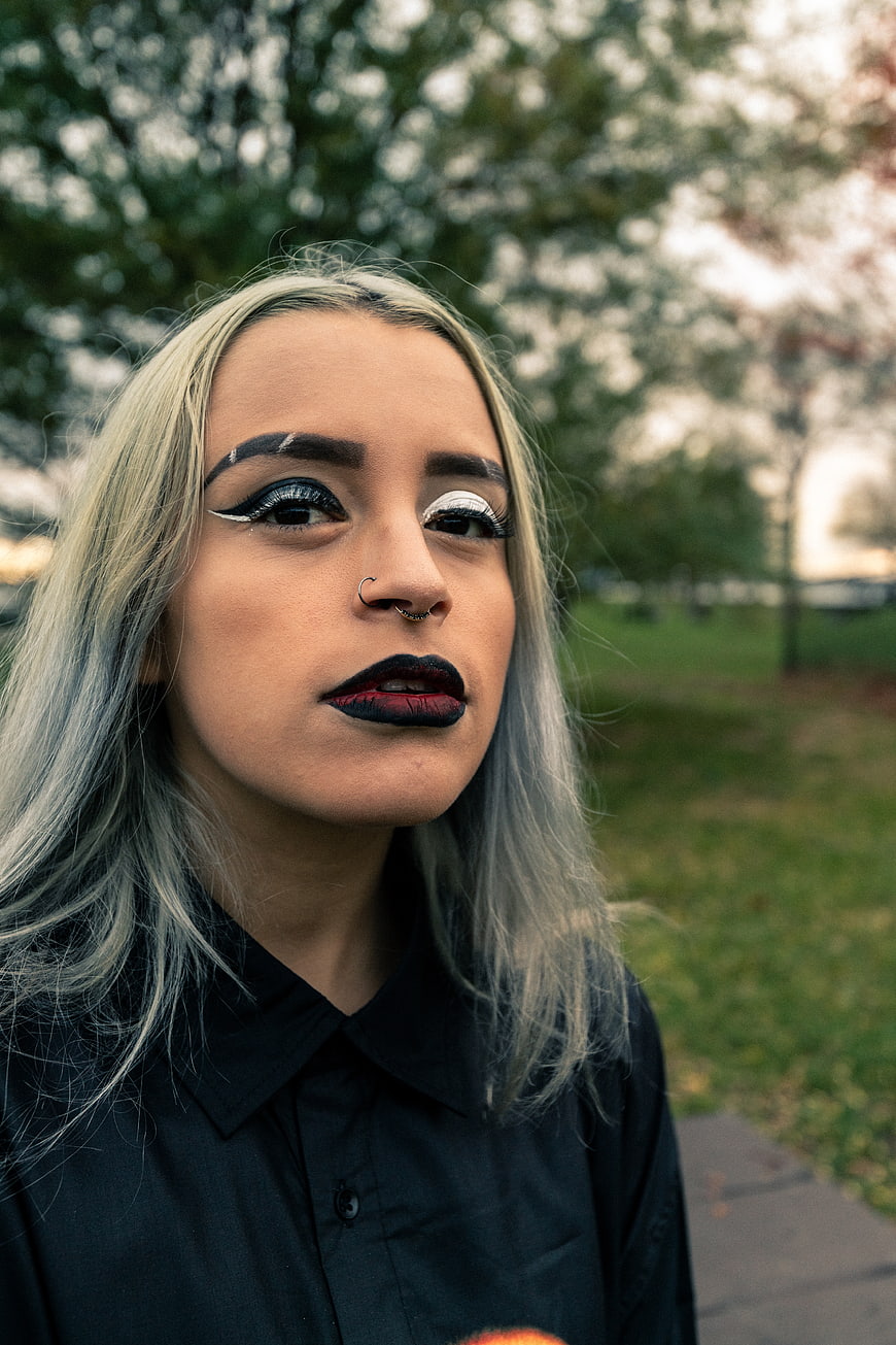 Gothic Woman with Dramatic Makeup and Silver Hair
