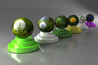 3D Rendered Glass Spheres with Nature Textures on Pedestals