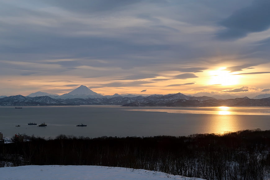 Sunset over Avacha Bay with Mount Avachinsky and Ships