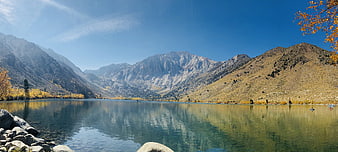 Panoramic autumn landscape with lake and mountains