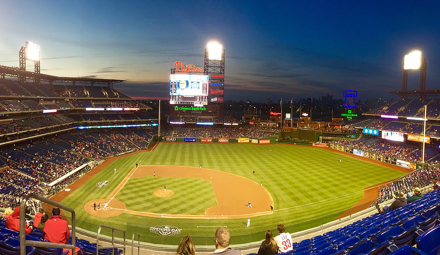 Citizens Bank Park Baseball Stadium At Dusk With City Skyline