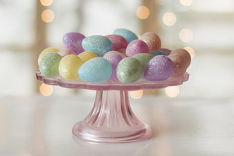 Pastel Glitter Easter Eggs on Pink Glass Cake Stand