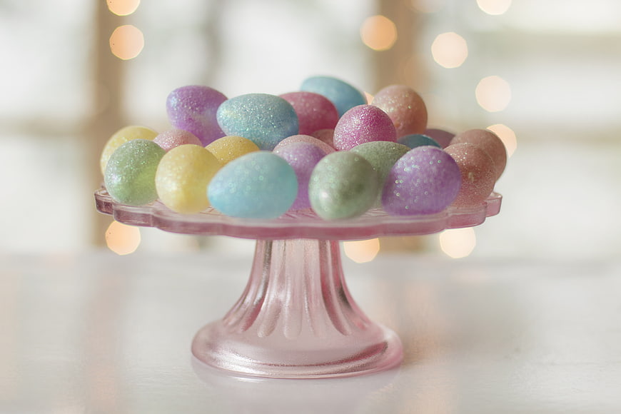 Pastel Glitter Easter Eggs on Pink Glass Cake Stand