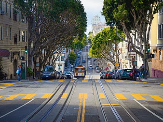 San Francisco Cable Car on Steep Hill Street