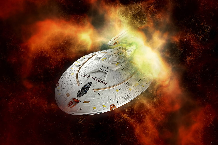 Star Trek Voyager Spaceship Emerging From Fiery Orange Nebula