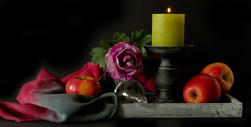 Autumn Still Life With Apples, Candle, And Pink Peony