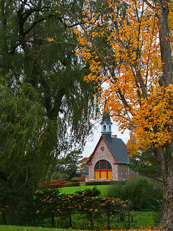 Stone church with red trim framed by autumn trees