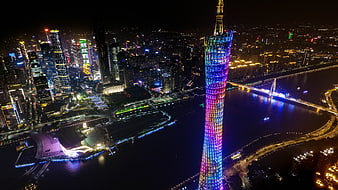 Aerial Night View of Guangzhou Tower and City Skyline
