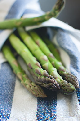 Fresh Green Asparagus on Blue Striped Kitchen Towel