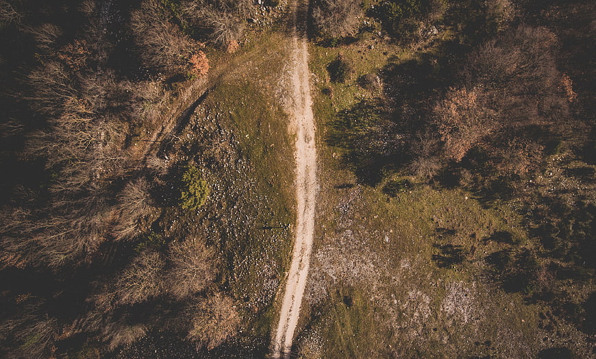 Aerial View of Winding Dirt Path Through Autumn Forest
