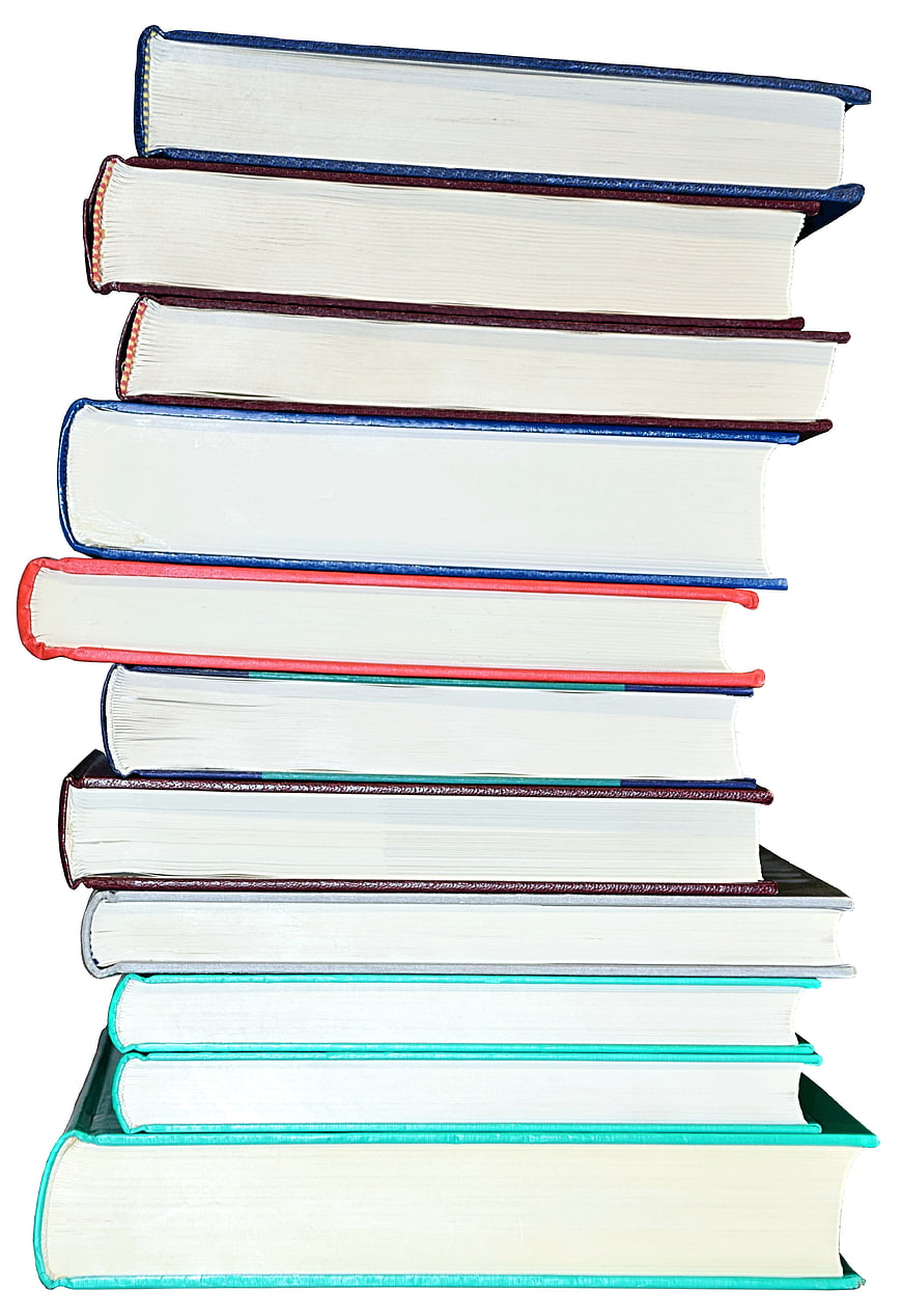 Stack of colorful hardcover books isolated on white background