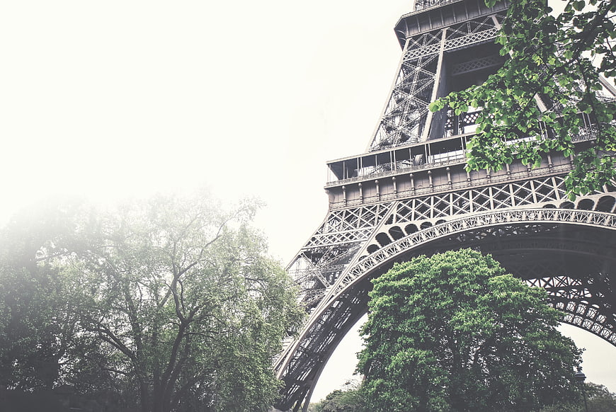 Low Angle View of Eiffel Tower with Green Trees and Foggy Sky