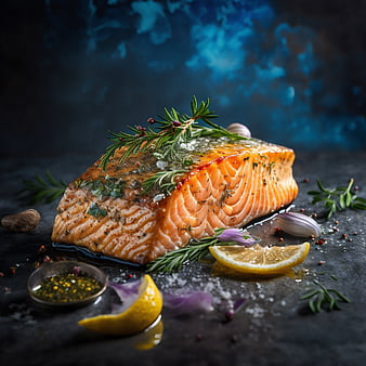 Seared Salmon Fillet with Rosemary and Lemon on Dark Slate