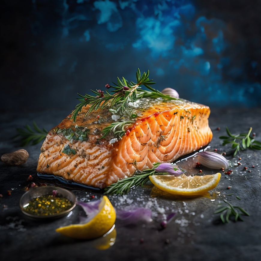 Seared Salmon Fillet with Rosemary and Lemon on Dark Slate