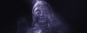 Mystical Buddha Statue with Smoke and Blue Lighting