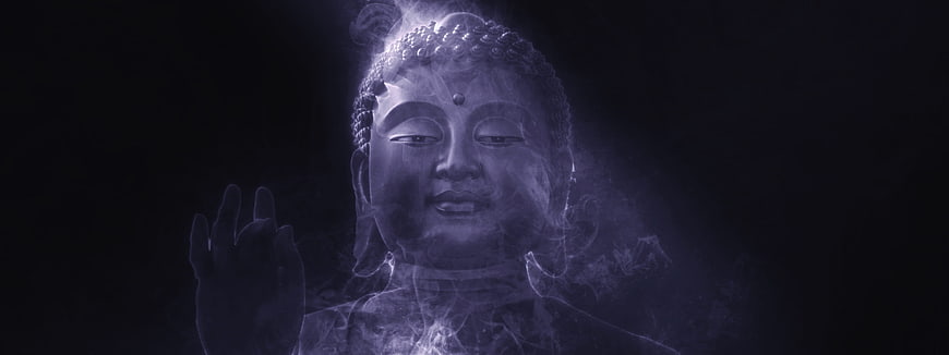 Mystical Buddha Statue with Smoke and Blue Lighting