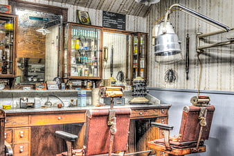 Vintage 1950s Barbershop Interior with Retro Chairs and Tools