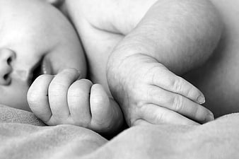Close-up of sleeping baby hands and feet in black and white