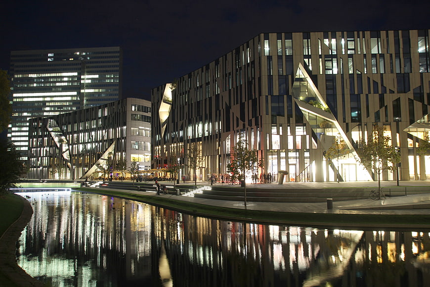 Modern Kö Center Architecture at Night with Water Reflection
