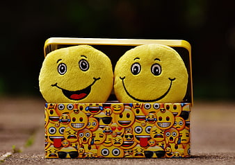 Two yellow smiley plush toys in an emoji-patterned box